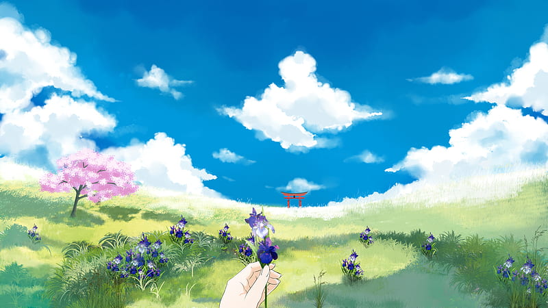 hand, flowers, lawn, torii, HD wallpaper