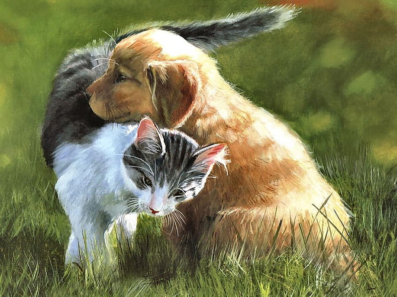 Perfect Friendship F, art, bonito, pets, artwork, canine, animal, feline, painting, cats, dogs, HD wallpaper