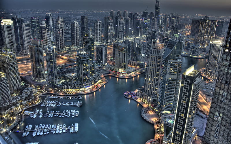 Dubai, UAE, night, skyscrapers, fountains, yachts, cityscape, modern city, Dubai Marina, HD wallpaper