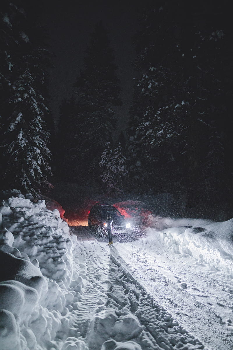 road, snow, car, night, winter, HD phone wallpaper