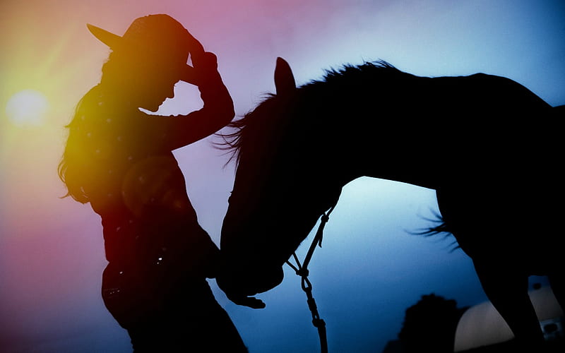Cowgirl & Horse Silhouettes, sun, cowgirl, silhouettes, sunset, horse, silhouette, hat, sunrays, rays, HD wallpaper
