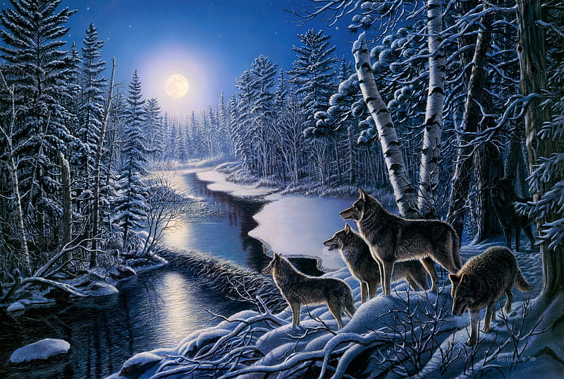 Moonlight, art, moon, moon, lup, painting, river, wolf, pictura, HD wallpaper