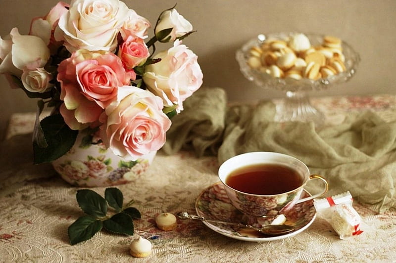 Still life, candy, roses, tea, cup, flowers, drink, nature, pink, HD wallpaper