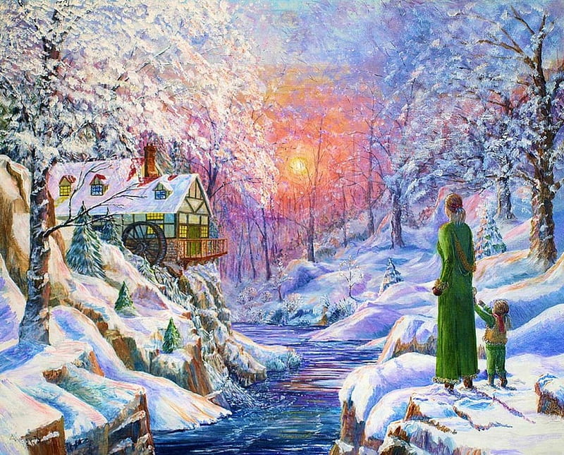Winter Wonderland, sunset, creek, trees, woman, artwork, watermill, snow, painting, child, HD wallpaper
