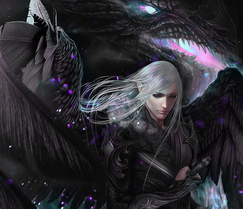 Dragonkin, wings, luminos, black, man, cashile, fantasy, dark, pink, HD wallpaper