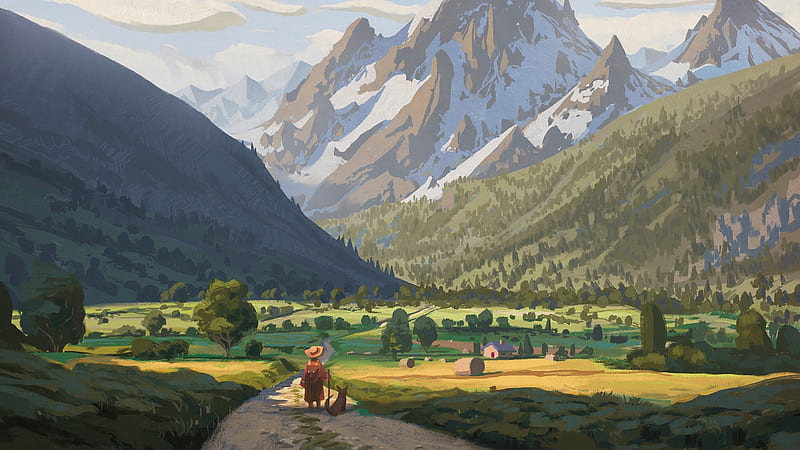 fantasy landscape, mountains, wanderer, hills, field, artwork, Fantasy, HD wallpaper