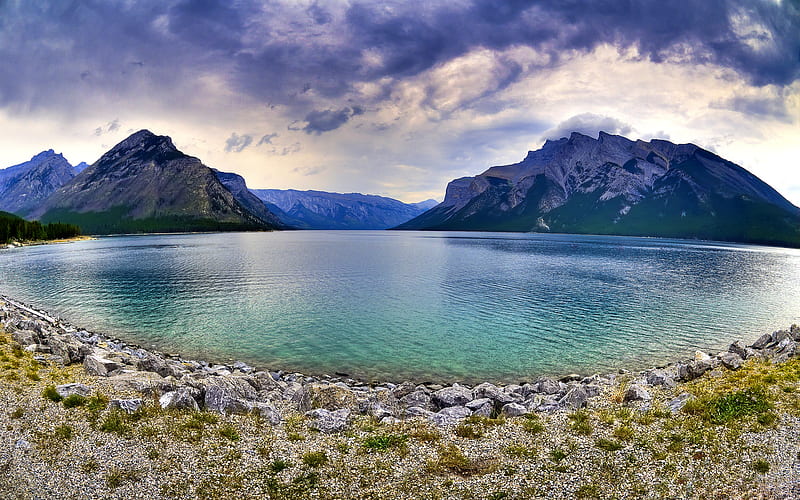 Storm Brewing, shore, clouds, lake, mountains, HD wallpaper