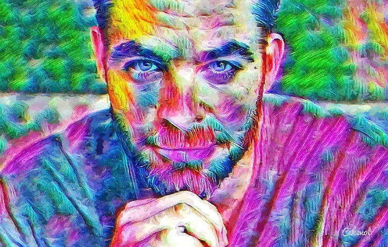 Chris Pine, colorful, art, yellow, man, by cehenot, cehenot, abstract, green, painting, face, pictura, pink, actor, blue, HD wallpaper