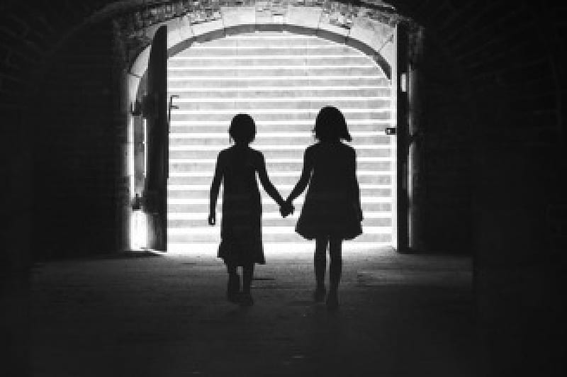 You'll never walk alone, graphy, black and white, silhouettes, children, girls, HD wallpaper