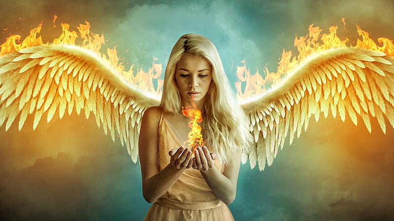 Fire Angel, digital, wings, flames, girl, HD wallpaper