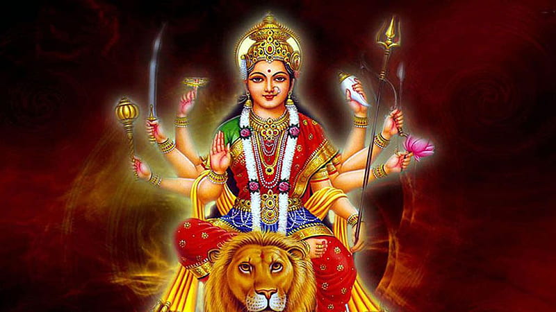 Durga On Lion With Weapons In Red Background Durga, HD wallpaper | Peakpx