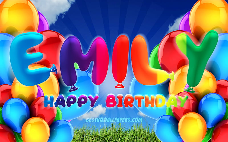 Emily Happy Birtay cloudy sky background, popular german female names, Birtay Party, colorful ballons, Emily name, Happy Birtay Emily, Birtay concept, Emily Birtay, Emily, HD wallpaper