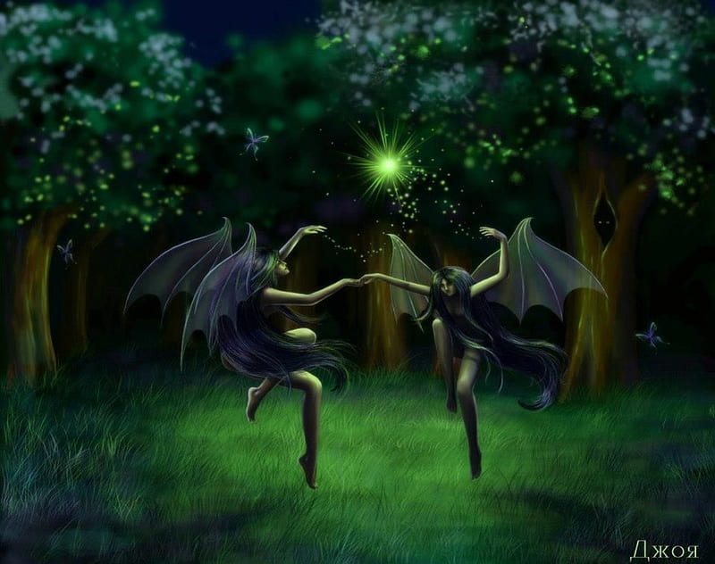 Dance of the fairies, forest, wings, mistic, elf, magic, abstract, goth, fantasy, nature, dance, fairy, fantasy art, night, HD wallpaper