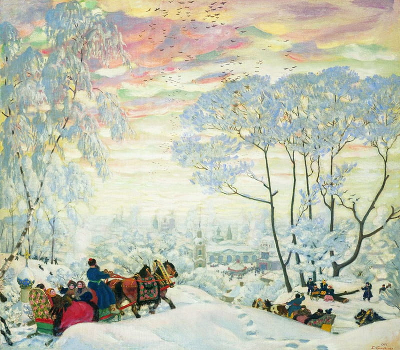 Russian Winter_Painting, sleigh, art, travel, bonito, fun, happy, horses, winter, people, painting, awesome, nature, russian, scene, HD wallpaper