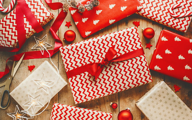 Christmas gifts gifts boxes with red silk bows, background with gifts boxes, Merry Christmas, HD wallpaper