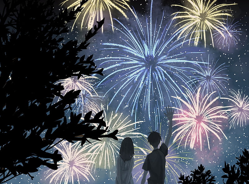 anime couple, silhouette, fireworks, festival, night, sky, Anime, HD wallpaper