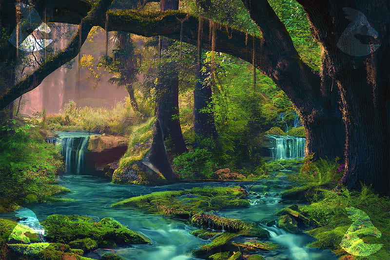 Artistic, Forest, Greenery, Tree, Waterfall, HD wallpaper