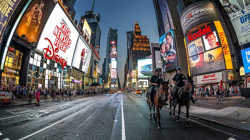mounted police in times square nyc, city, police, street, horses, HD wallpaper