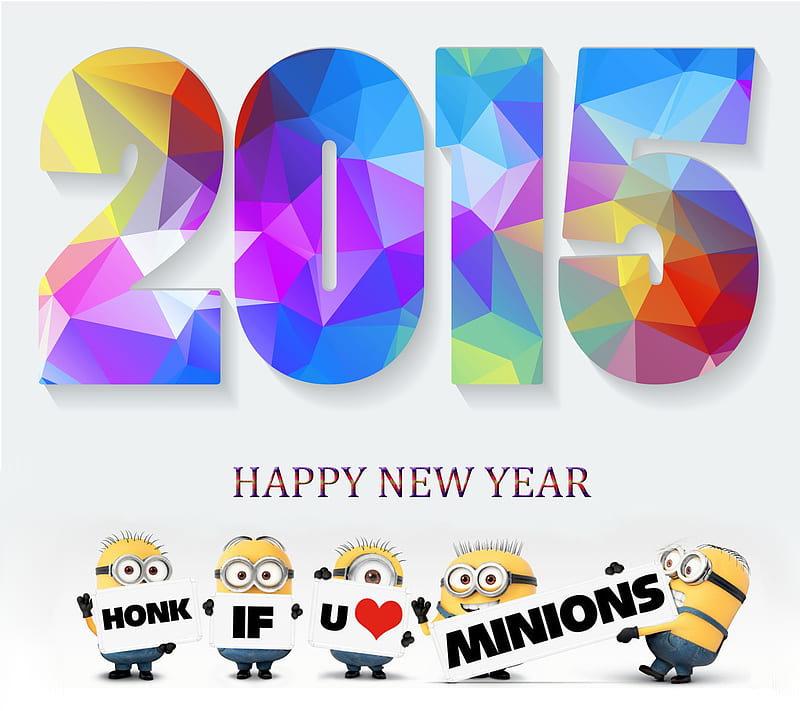 new year minions, 2015, celebrate, cute, happy, honk, january, love, new year, HD wallpaper