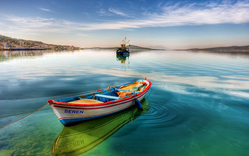 boats, lake, blue water, mountains, port, HD wallpaper