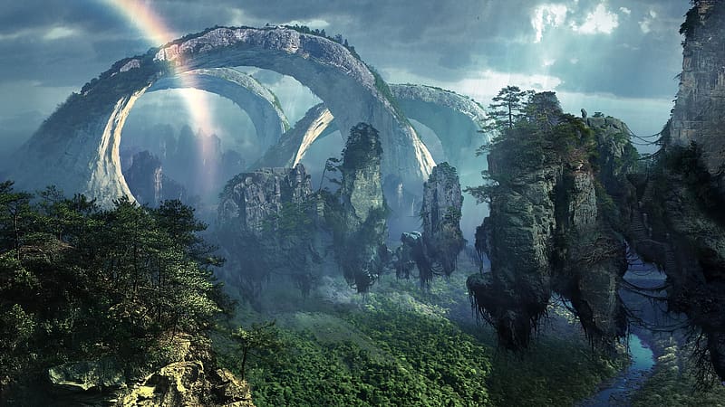 Nature, Rain, Avatar, Rainbow, Forest, Tree, Cloud, River, Movie, Floating Island, HD wallpaper