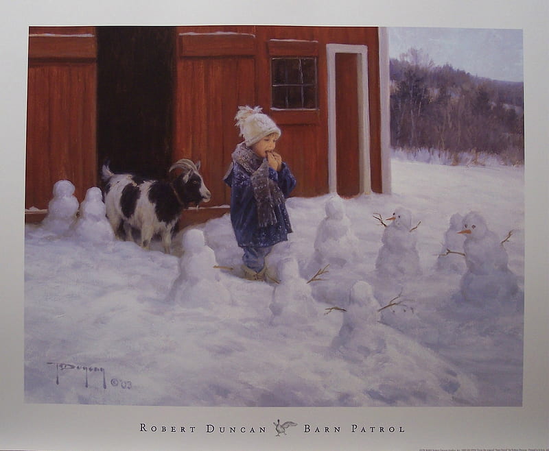 Barn Patrol, red, little snow men, goat, girl, pals, barn, winter, sweet, HD wallpaper