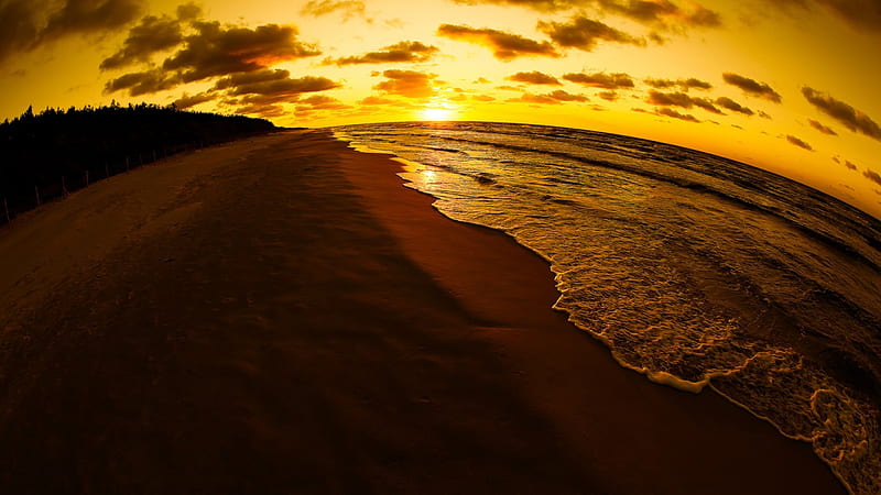golden beach in bialogora poland, beach, sunset, fisheye, clouds, HD wallpaper