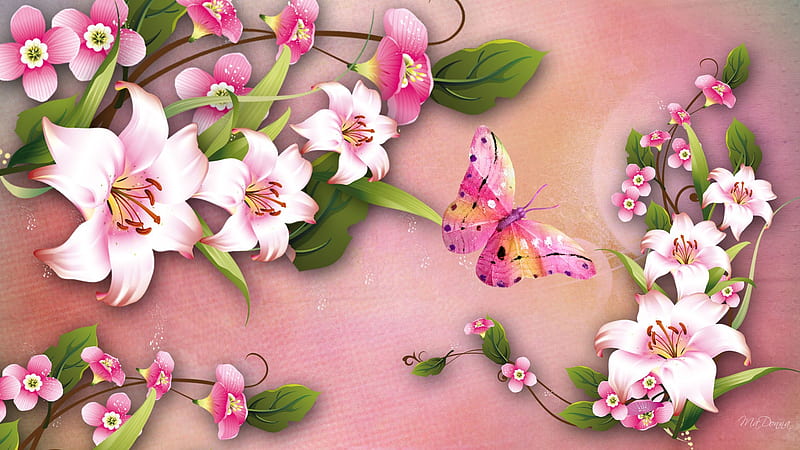 Raving Pinks, leaves, butterfly, flowers, lily, lilies, firefox persona, abstract, pink, HD wallpaper