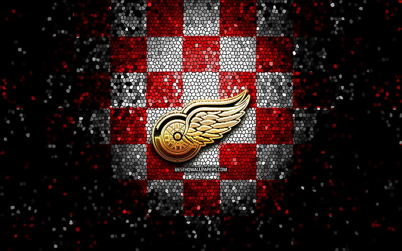 Detroit Red Wings, glitter logo, NHL, red white checkered background, USA, american hockey team, Detroit Red Wings logo, mosaic art, hockey, America, HD wallpaper