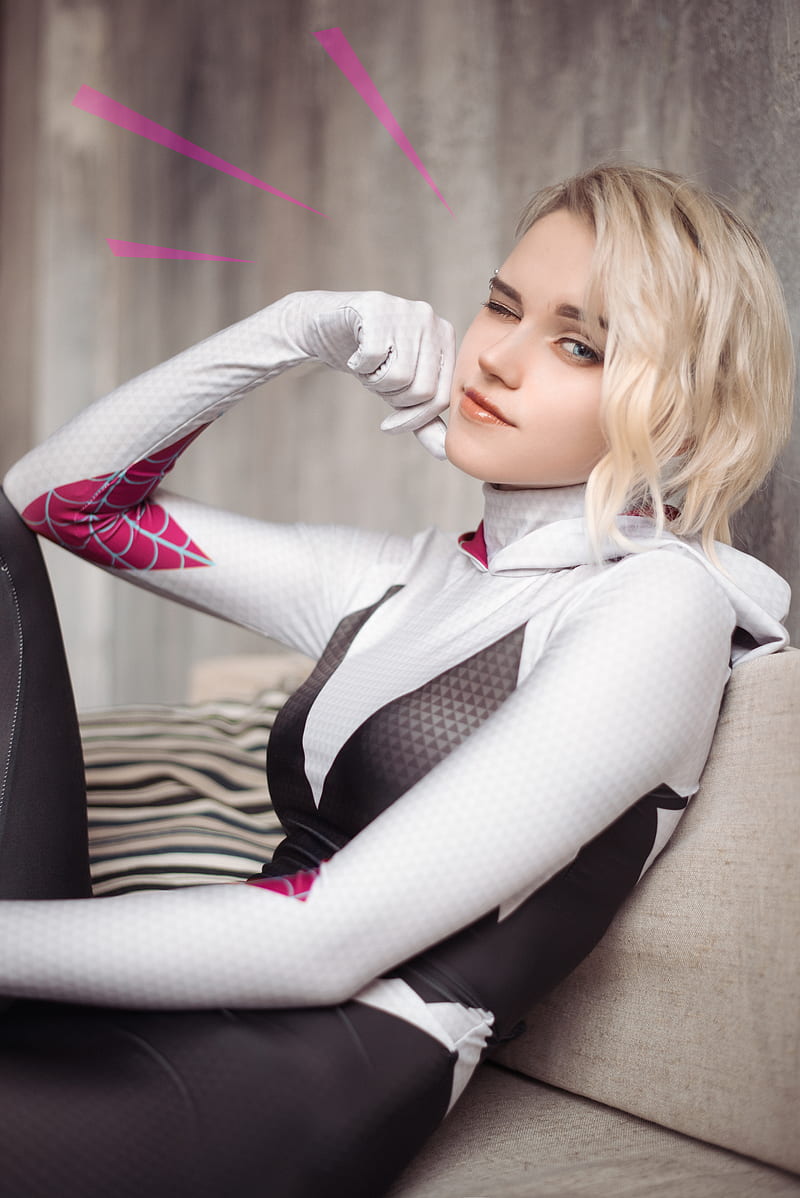 women, model, Marvel Comics, Gwen Stacy, Spider-Man, Spider Gwen, blonde, cosplay, wink, winking, one eye closed, couch, indoors, looking at viewer, Shirogane Sama, Ghost Spider, HD phone wallpaper