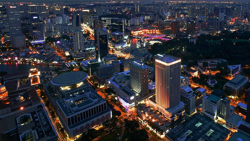 skyscrapers, night, buildings, view panorama, singapore, lights, street, building, city, HD wallpaper