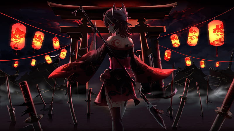 Anime Girl Red Dress Ninja Lanterns Anime Girl, HD wallpaper