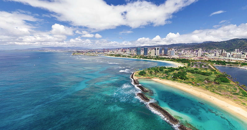 Oahu island, Hawaii, cityscape, mountains, landscapes, ocean, clouds, HD wallpaper