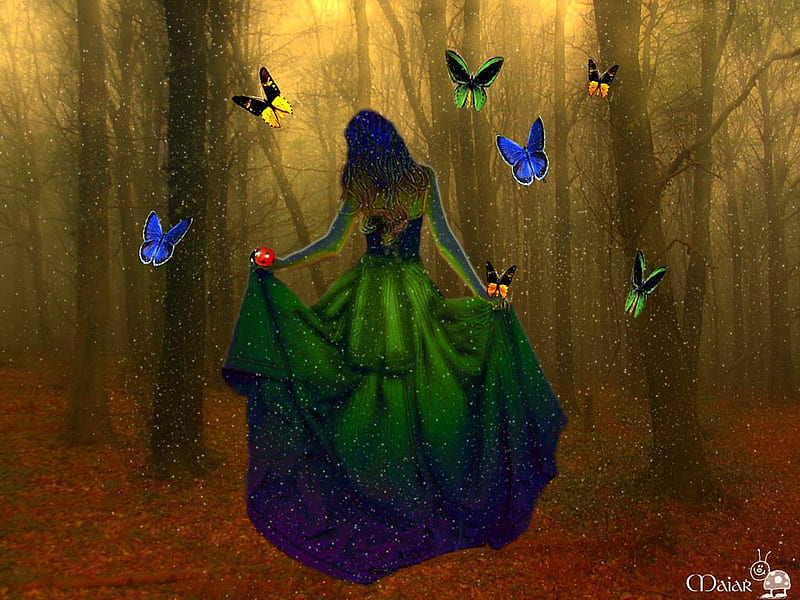 ✫Happy Together✫, dress, cheerfully, glow, together, attractions in dreams, digital art, hair, fantasy, skirts, manipulation, emotional, butterfly designs, animals, model, love four seasons, creative pre-made, butterflies, happy, ladybug, girl, weird things people wear, backgrounds, HD wallpaper