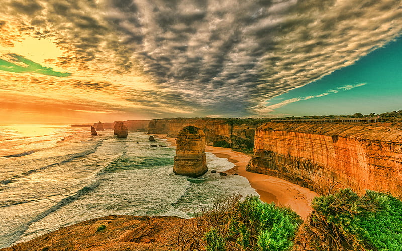 The Twelve Apostles, evening, sunset, rocks, coast, ocean, Port Campbell National Park, Victoria, Australia, HD wallpaper