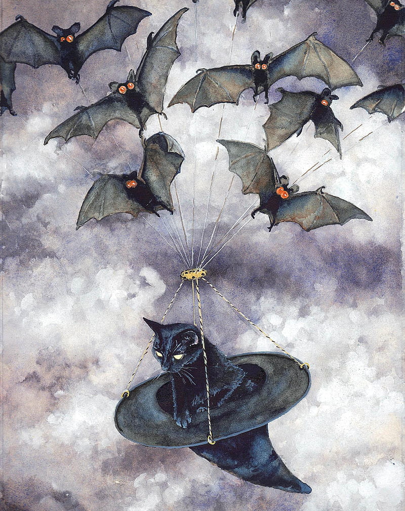 black cats, bats, witch hat, digital, HD phone wallpaper