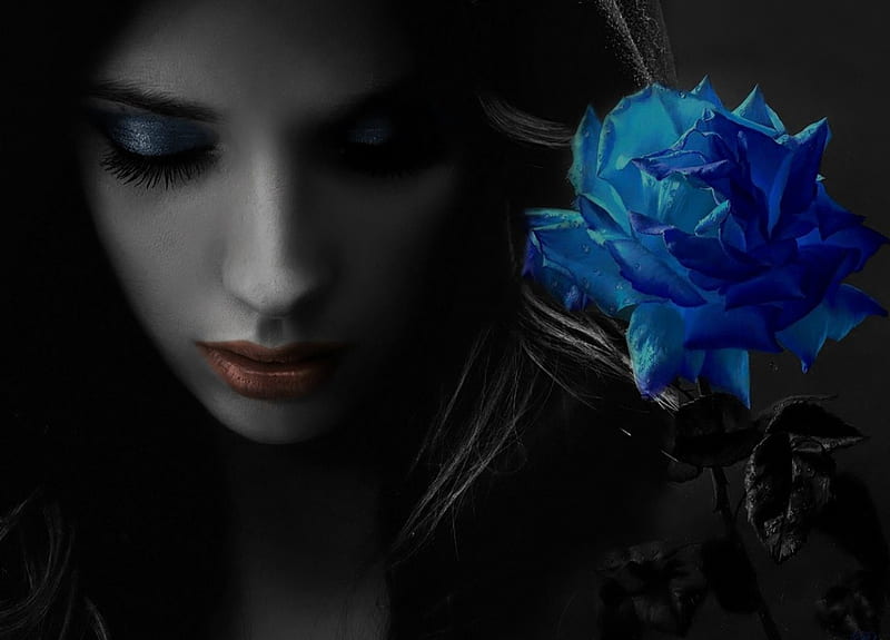 When thoughts have their own thorns..., hood, sadness, rose, background, black, woman, sad girl, brunette, love, sad, single, white, feelings, blue, HD wallpaper