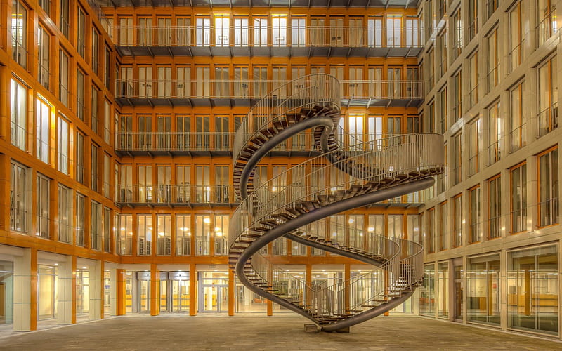 spiral staircase to nowhere, windows, stairs, dead end, lobby, HD wallpaper