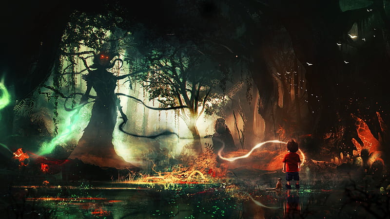 A Child in the Real World, fantasy, dark, nature, child, monster, trees, HD wallpaper