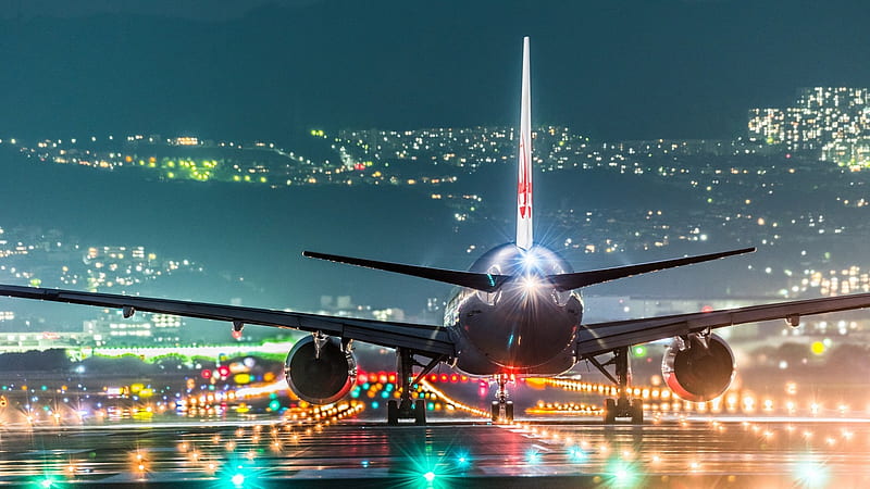 plane taking off into colorful lights, runway, plane, city, colors, lights, night, HD wallpaper