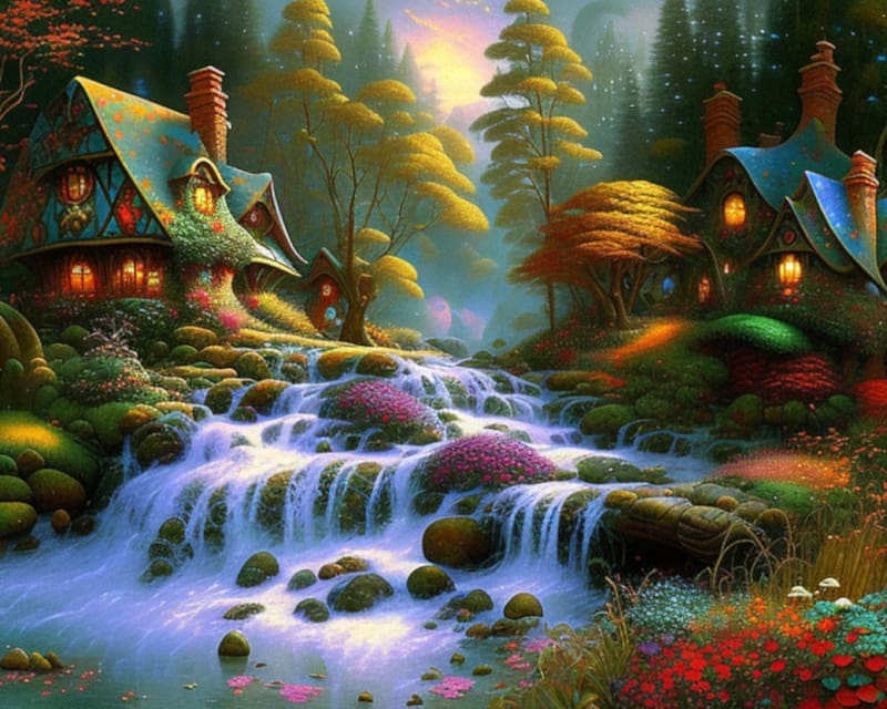 Cottage _ cascading waterfall, forest, charm, cascading, art, beautiful ...