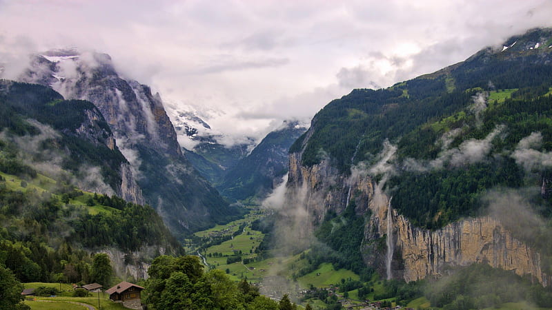gorgeous lauterbrunnen valley in switzerland, forest, mountains, village, clouds, valley, falls, HD wallpaper