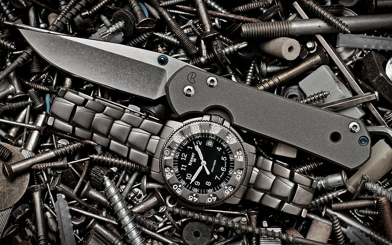 Iron things, screws, traser, watchband, bolts, knife, HD wallpaper