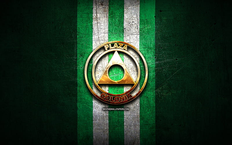 Plaza Colonia FC, golden logo, Uruguayan Primera Division, green metal background, football, Club Plaza Colonia de Deportes, Uruguayan football club, Plaza Colonia logo, soccer, Uruguay, HD wallpaper