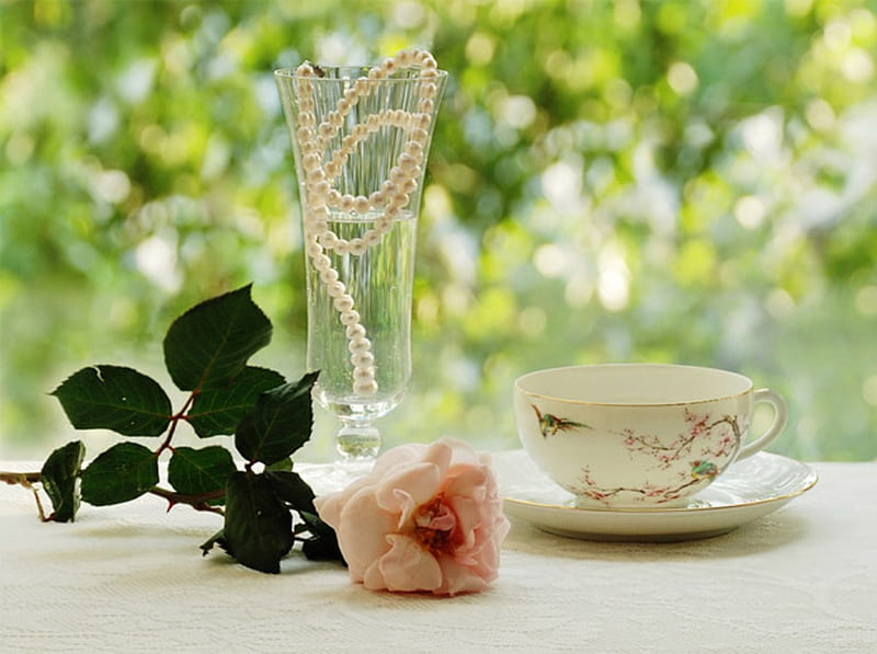 Pearls and Rose, table, glass, cup saucer, rose, flower, pearls, HD wallpaper