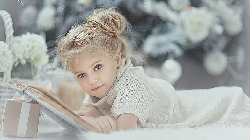 Cute Little Girl Is Lying Down On White Fur Cloth Wearing White Dress In Blur Flowers Background Cute, HD wallpaper