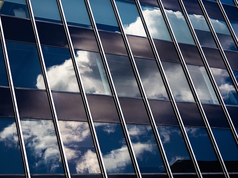 building, facade, glass, reflection, clouds, HD wallpaper