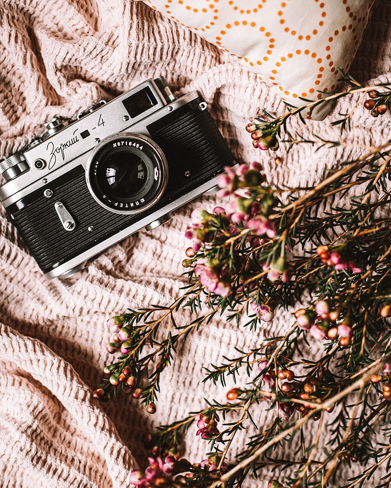 camera, lens, flowers, fabric, retro, HD phone wallpaper