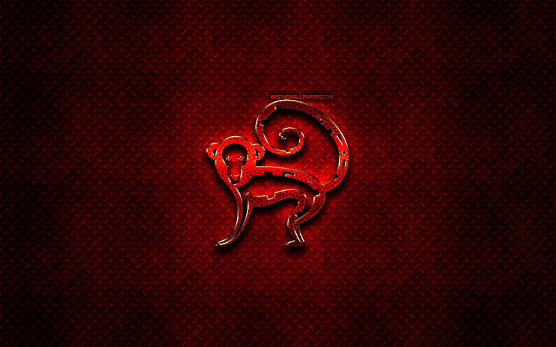 Monkey, red animals signs, chinese zodiac, Chinese calendar, Monkey zodiac sign, red metal background, Chinese Zodiac Signs, animals, creative, Monkey zodiac, HD wallpaper
