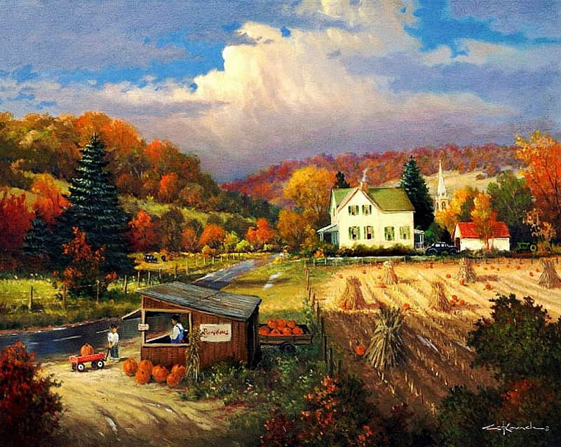 Harvest Time, autumn, house, painting, fields, trees, artwork, pumpkins, landscape, HD wallpaper